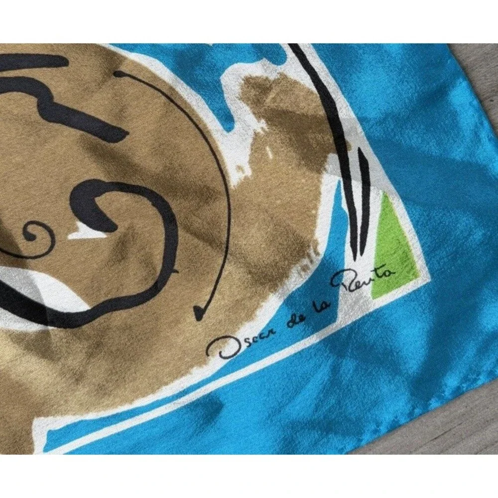 Vintage Oscar de la Renta 100% Silk Scarf Square Blue Floral Hand Rolled 31x31